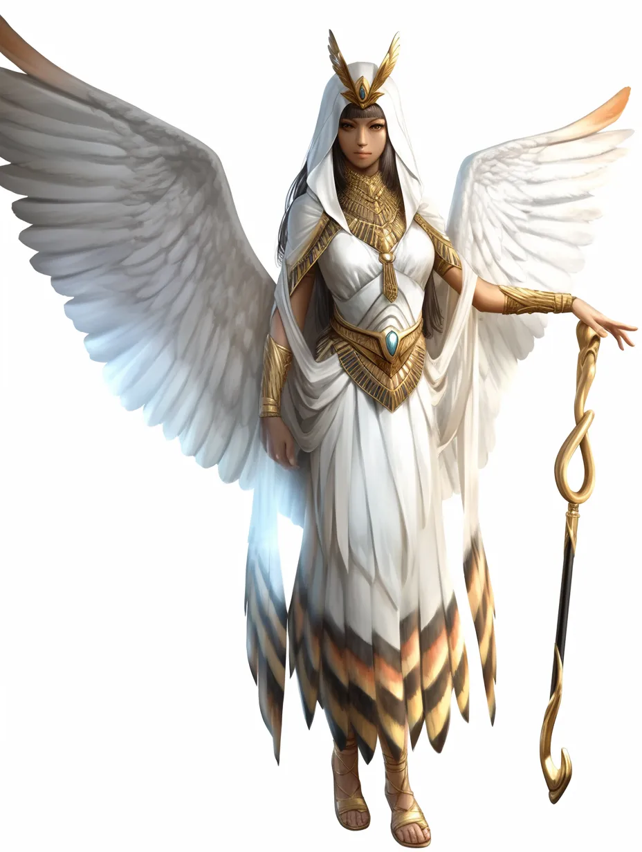 イシスの羽衣を纏う守護像｜羽を模した衣と杖が調和し、穏やかな表情が慈母の女神としてのイシスの存在を象徴する神秘的な造形。