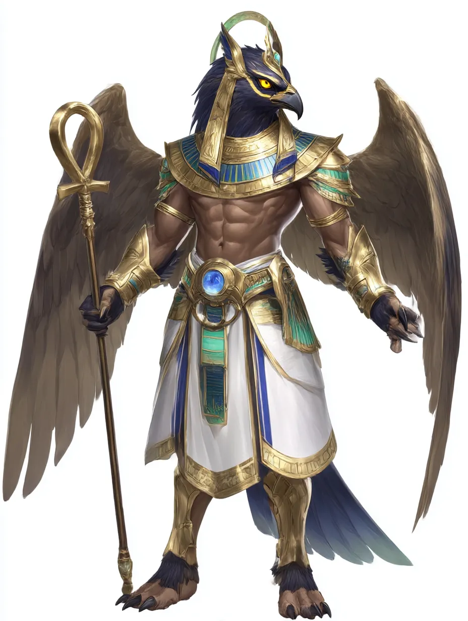 ホルスの聖杖を掲げる守護像｜黄金装飾とアンクを持つ姿が威厳を示し、鋭い鷹の眼差しが天空の支配者ホルスの力を強調する。