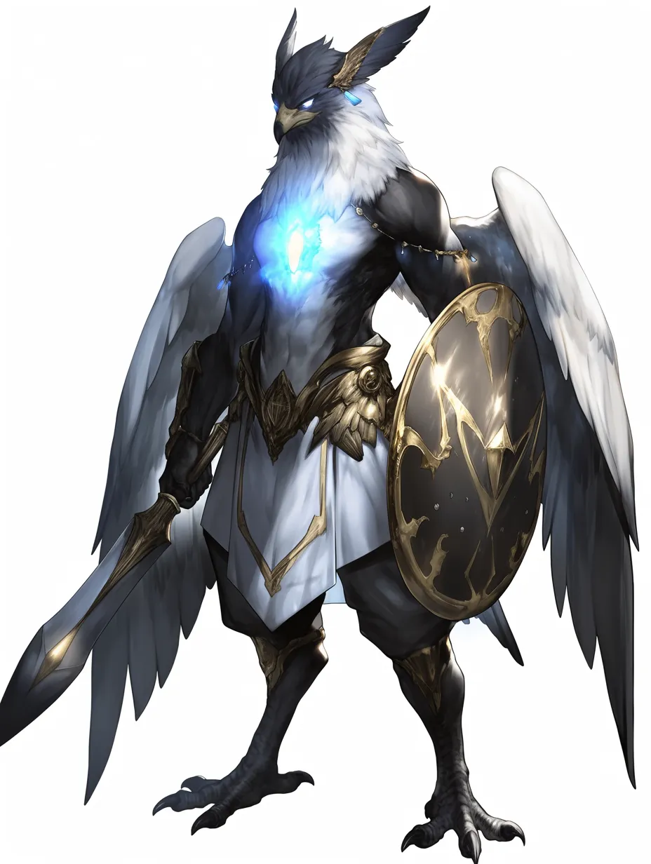 ホルスの蒼光を宿す戦神像｜胸の輝く宝石と剣盾を備えた姿が戦士の威容を表し、白き翼が神聖さを象徴するホルスの造形。