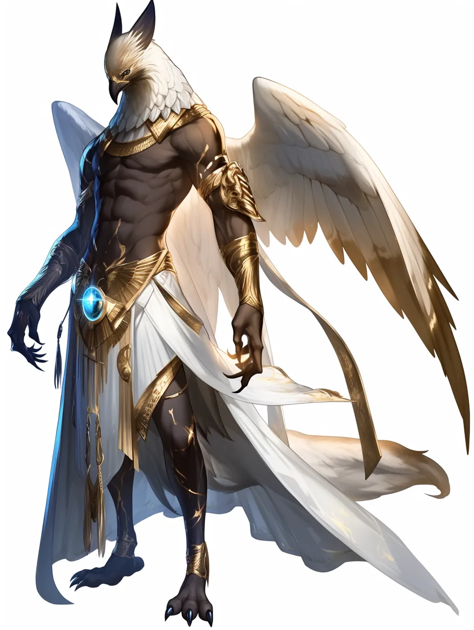 ホルスの白翼を広げる神威像｜白と金を基調にした衣と光背が荘厳で、堂々と立つ姿が守護神ホルスの崇高さを描き出す。