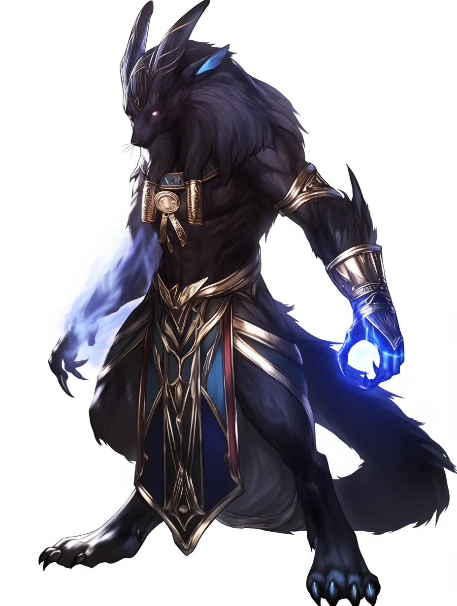 セトの蒼光を宿す戦神像｜黒き獣面と青い光を纏う手が不気味な威厳を示し、荒々しい姿が混沌を象徴するセトの神秘性を強調する。