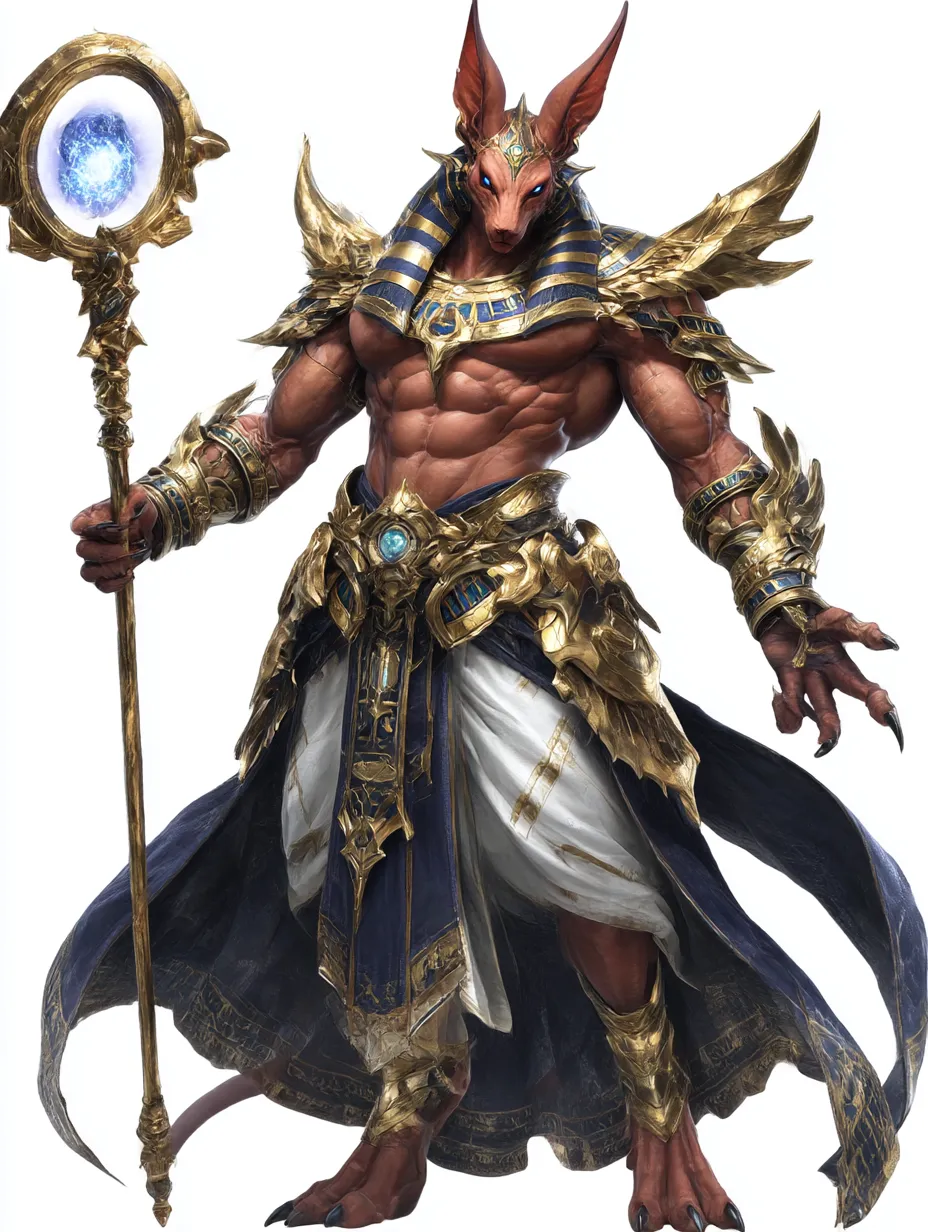 セトの覇杖を掲げる守護像｜筋骨隆々の体に黄金装飾が映え、杖に宿る宝珠が力を誇示。戦神としてのセトの威容を示す造形。