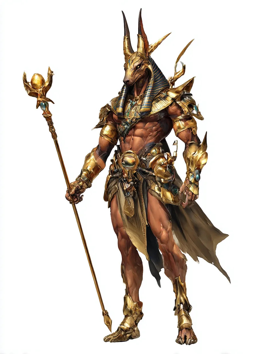 セトの黄金甲冑を纏う神威像｜褐色の肉体と獣面に輝く黄金甲冑が荘厳で、支配と破壊を司るセトの恐るべき存在感を描く。