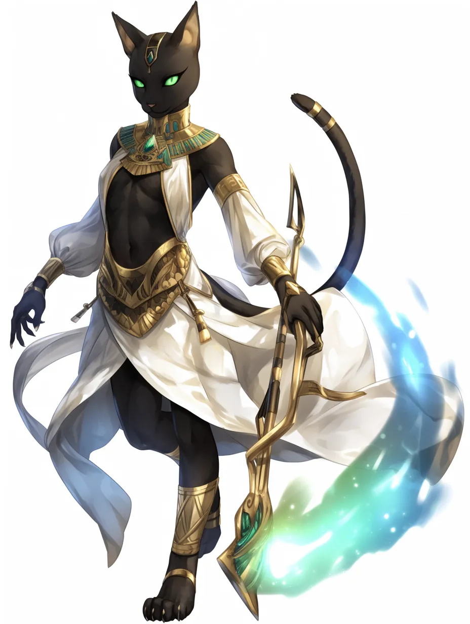 バステトの翠眼を輝かせる守護像｜黒猫の頭部に翡翠の瞳が輝き、白衣と黄金装飾が調和。優雅さと神秘性を兼ね備えたバステトの姿。