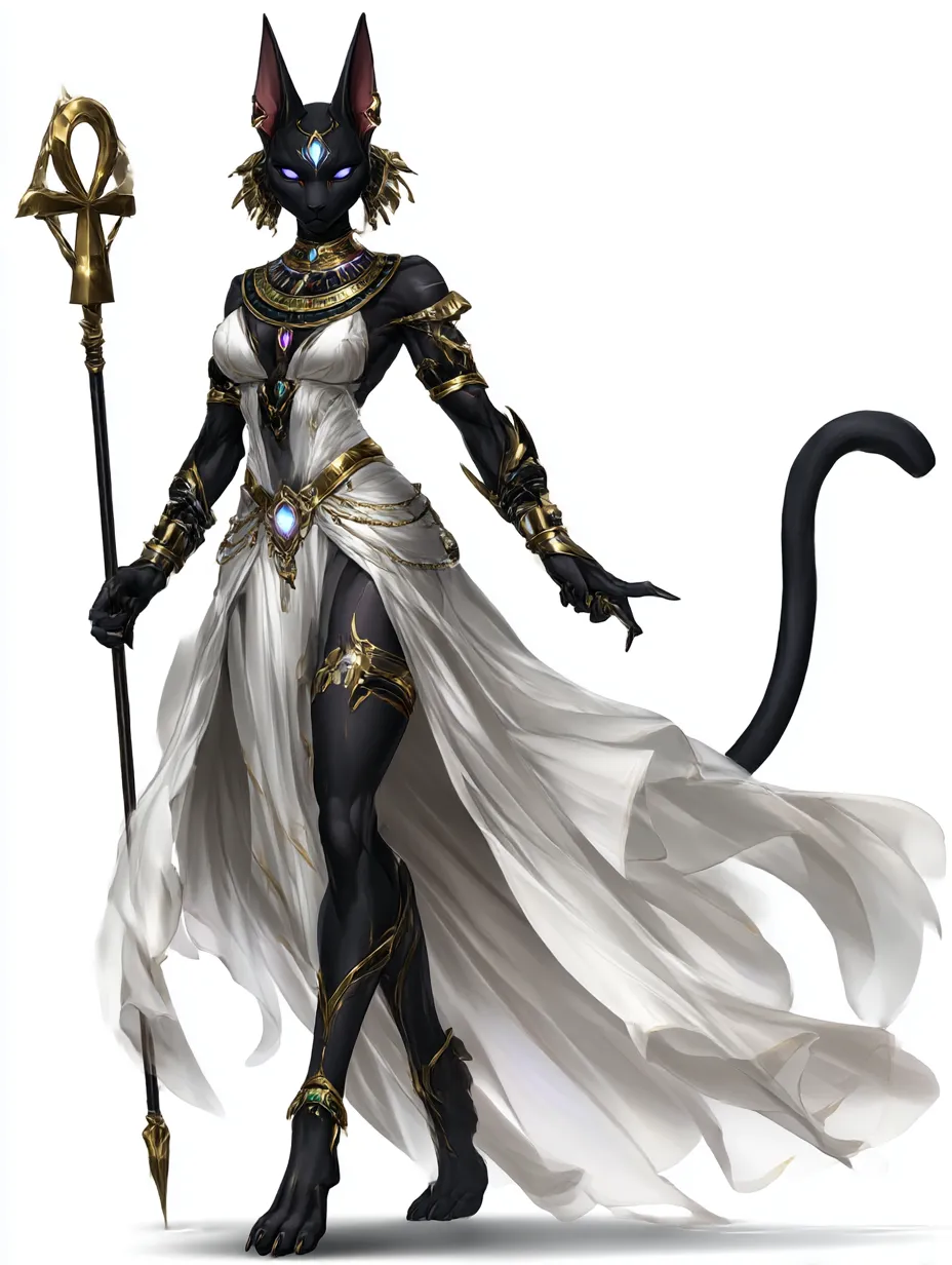 バステトの聖杖を掲げる女神像｜白衣に金装飾を纏い、アンクを手にした姿が神聖さを象徴。威厳と慈愛を併せ持つバステトの造形。