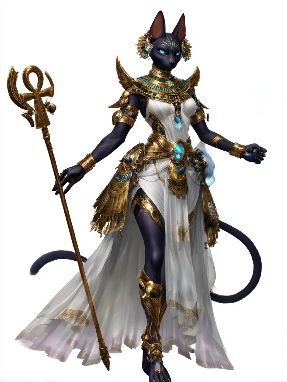 バステトの宝飾を纏う神威像｜碧玉の宝飾と黄金甲冑が華麗で、しなやかな体躯が守護と豊穣を体現するバステトの姿を描く。