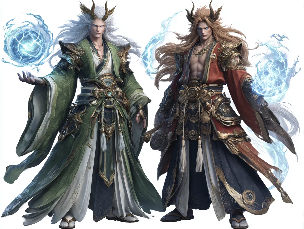 緑衣の風神雷神｜翠緑と朱の衣を纏った二神が並び、角と光球が霊力を示す。風神雷神としての均衡と荘厳な存在感を漂わせている。