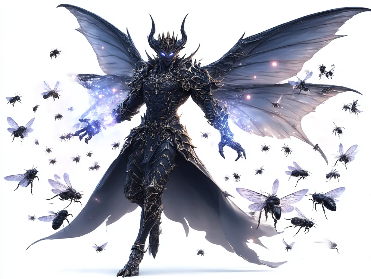 魔王ベルゼブブ降臨像｜大きな黒翼を広げ、光と蠅を操る姿は終末的。ベルゼブブの神話的威厳と恐怖の存在感を強烈に描き出している。