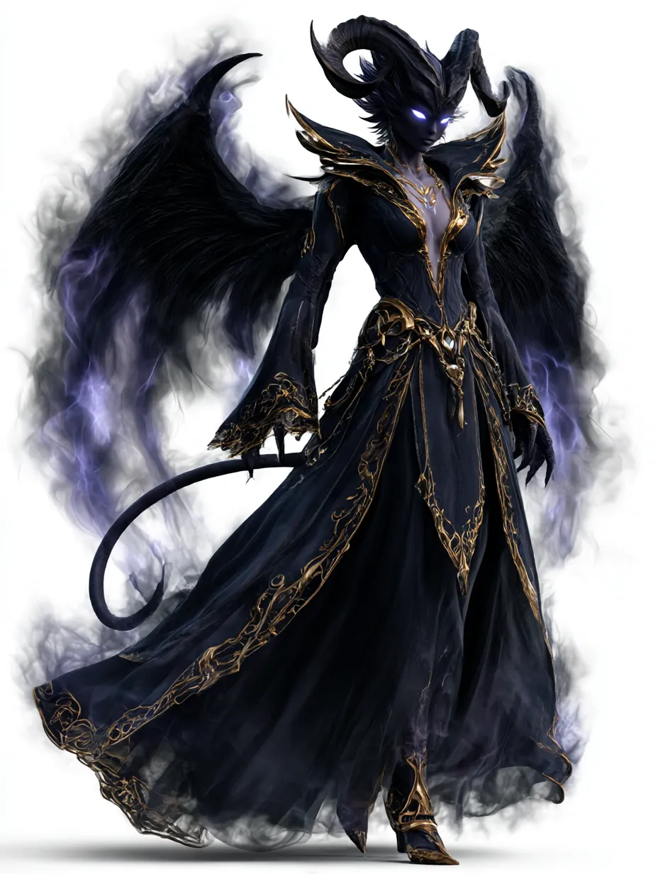 闇纏うベリアル｜紫の光を宿す瞳と黒き翼が妖艶な雰囲気を放つ。ベリアルの魔性と荘厳さを融合した造形美が際立っている。