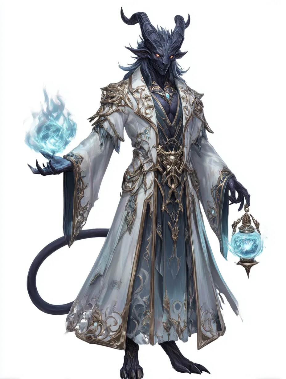 秘術のベルフェゴール｜白衣の装飾と蒼い炎を操る姿が神秘的。知識と魔力を併せ持ち、ベルフェゴールの魔導師的な側面を象徴するデザインとなっている。
