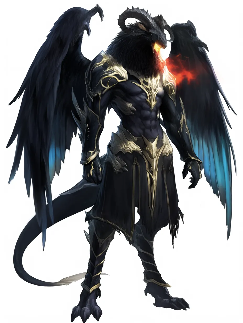 黒翼のアスモデウス｜山羊の頭と漆黒の翼を持ち、口から炎を噴く姿。神話的恐怖と荘厳さを兼ね備えたアスモデウスの異形性を強調している。