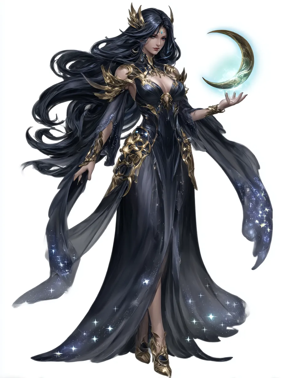 ニュクス月光を操る闇夜の女神|漆黒の衣と流れる髪に星の輝きを散らしたニュクスは、月を掌に浮かべる姿が幻想的で、夜の神秘を纏う気高き造形となっている。