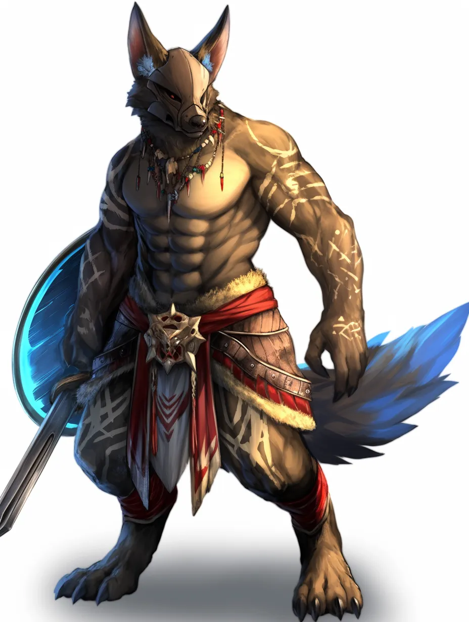 戦士の風格を持つコボルド｜鍛え上げられた筋肉と獣面の仮面が特徴で、神秘的な装飾が戦士としての威厳を強調。伝説に登場するコボルドを勇猛な守護者として表現した造形。
