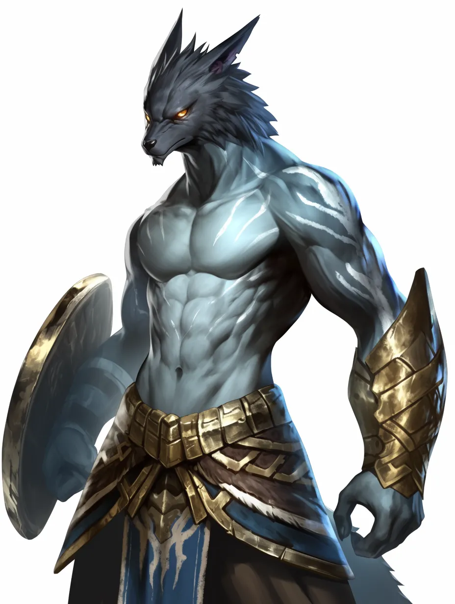 蒼き鎧を纏うコボルド｜青みを帯びた体躯と金属装飾が融合し、冷徹な雰囲気を放つ姿。力強い線で描かれた体格は、神話に語られるコボルドの戦意を象徴している。