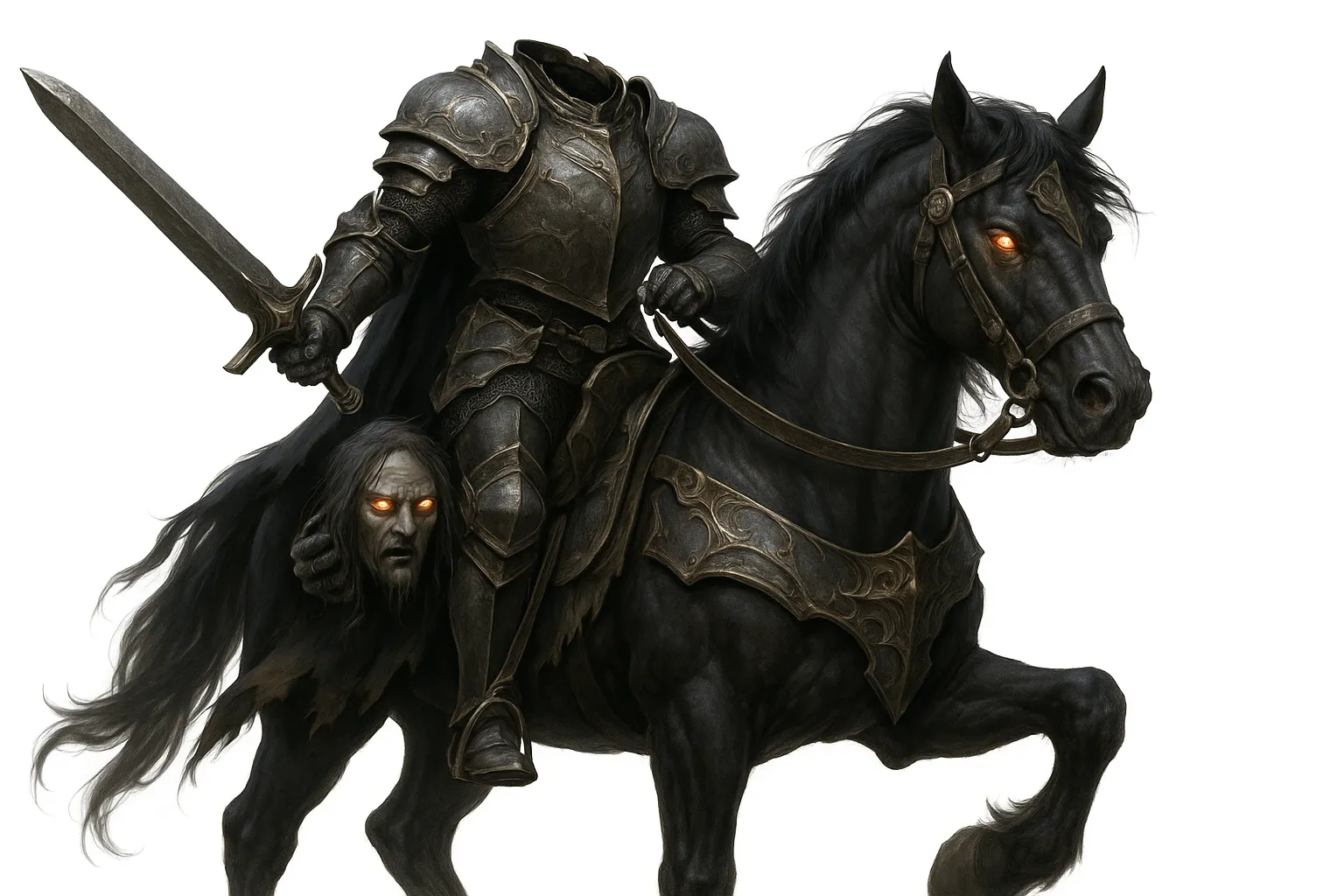 黒馬に跨るデュラハン｜燃えるような眼光を放つ馬と共に描かれ、冷徹な威圧感を漂わせる。頭を持ち歩く異形の姿が、伝承の中で恐れられるデュラハンの本質を体現する。