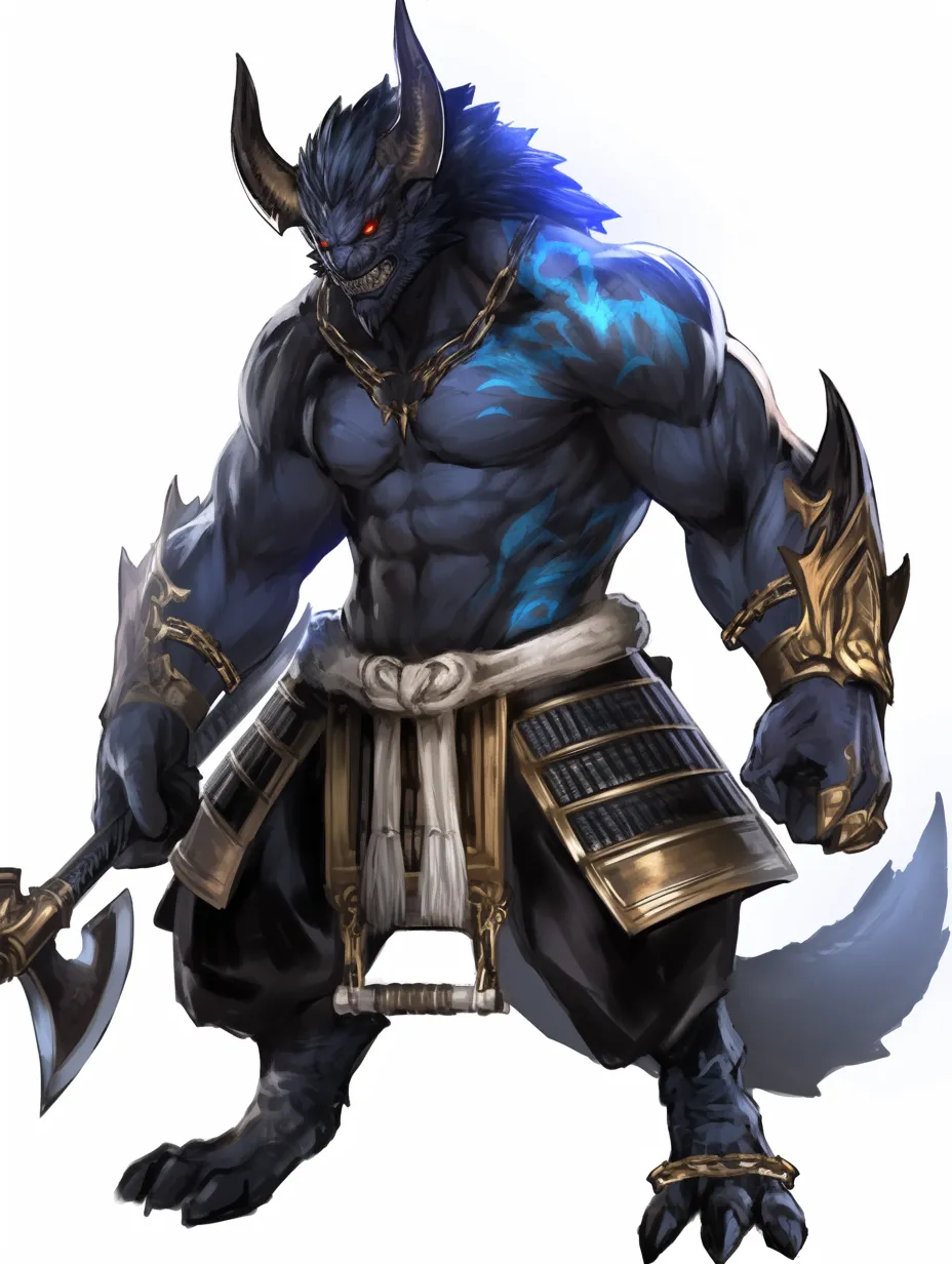 青鬼戦士の咆哮｜鋭い牙と角を備えた青鬼の戦士像。闇に輝く赤い瞳と紋様のような蒼光が筋肉を際立たせ、荒々しさと神秘性を兼ね備えたデザインが特徴。
