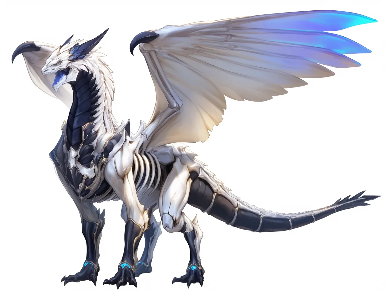 蒼光を宿すドラゴンゾンビ｜白骨化した体に青白い光が灯り、不気味な威厳を放つドラゴンゾンビ。翼の透過表現が死と再生を象徴する幻想的な造形を生み出している。