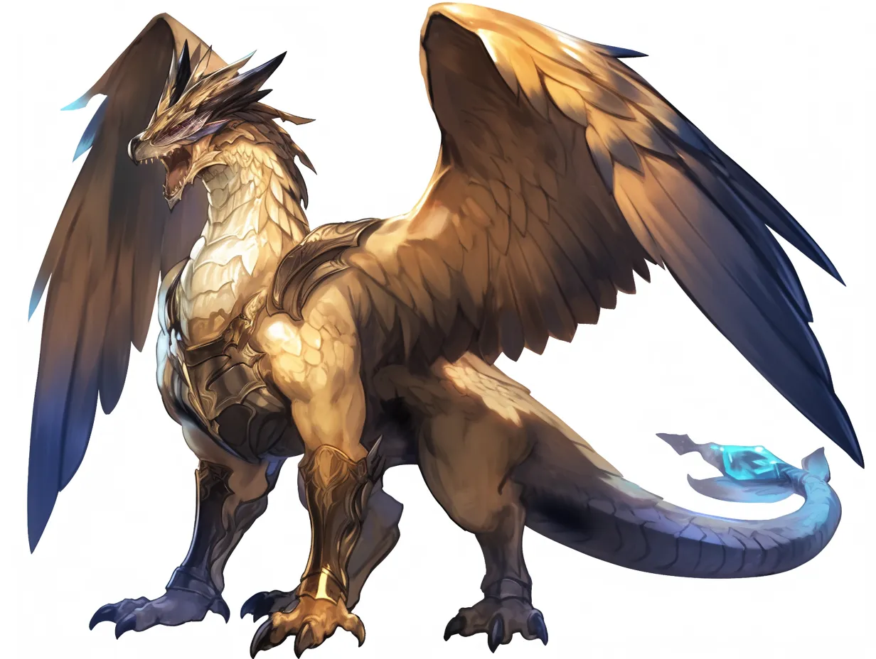 黄金に輝くカイザードラゴン｜全身を覆う黄金の鱗と威厳ある角を備えたカイザードラゴン。堂々たる姿は王者の風格を示し、伝説的な力強さを象徴している。