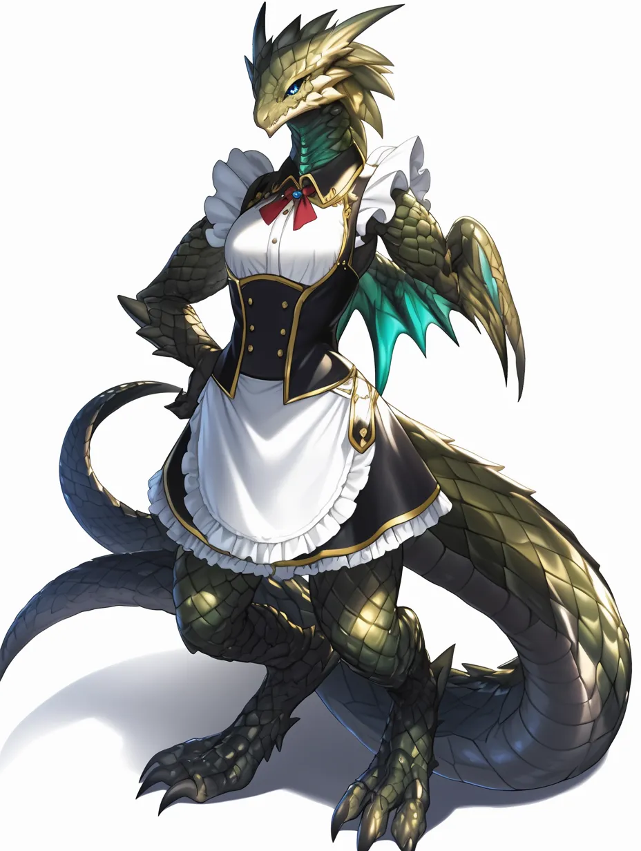 ドラゴンメイドの鎧纏う守護者｜重厚な鱗とメイド服を融合させた姿は、戦士と従者の二面性を象徴するデザイン。光沢ある装甲と鋭い眼差しが威厳と気品を放ち、伝説的な存在感を醸し出している。