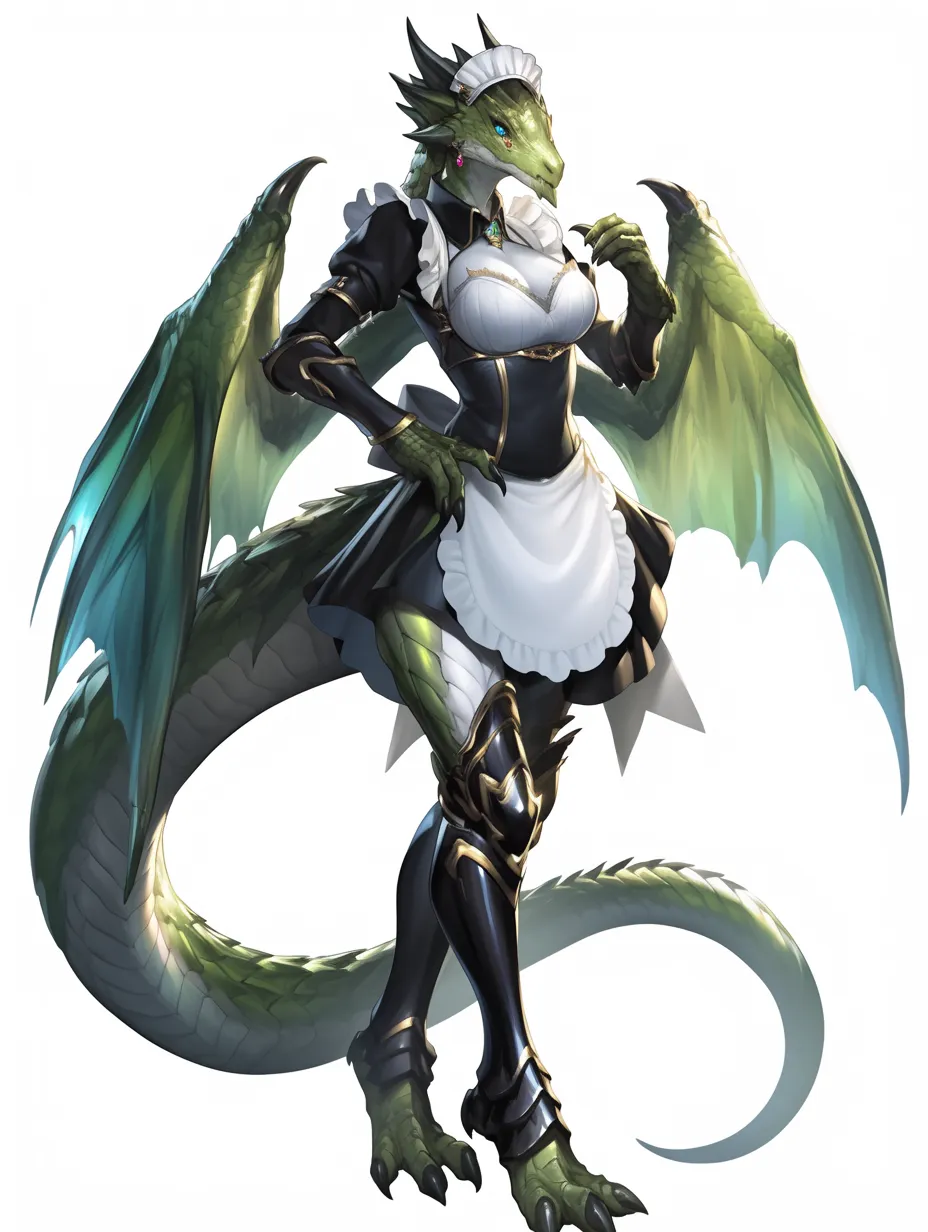 ドラゴンメイドの優雅なる翼持ち｜流麗な翼と黒を基調とした衣装が融合し、妖艶かつ気高い印象を与える。柔らかな布地と硬質な鱗の対比が美を強調し、ドラゴンメイドとしての荘厳な品格を表現している。