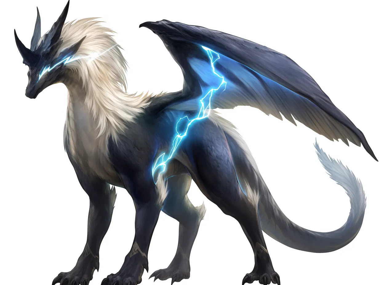 ドラゴンクローの雷閃の化身｜漆黒の鱗に稲妻が走る姿は鋭さと俊敏さを象徴し、荒々しい力を感じさせる。黄金のたてがみが神秘性を強調し、ドラゴンクローとしての猛々しい威容を際立たせている。