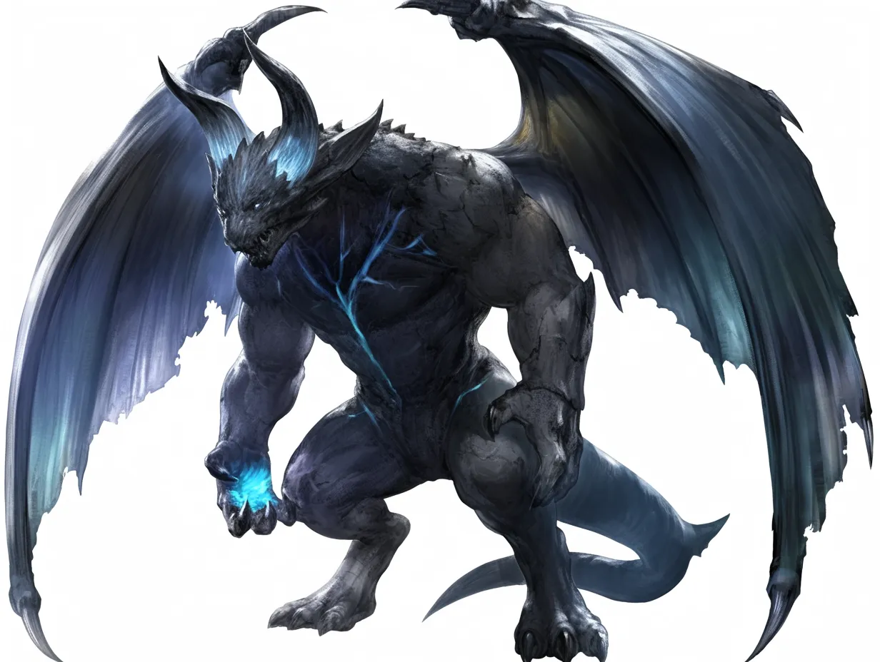 ガーゴイルの蒼炎を宿す魔翼｜筋骨隆々の体躯に禍々しい角と翼を備え、手に宿す青い光が魔的な力を示す。岩のような質感が不滅性を想起させ、ガーゴイルとしての恐怖と神秘を体現している。