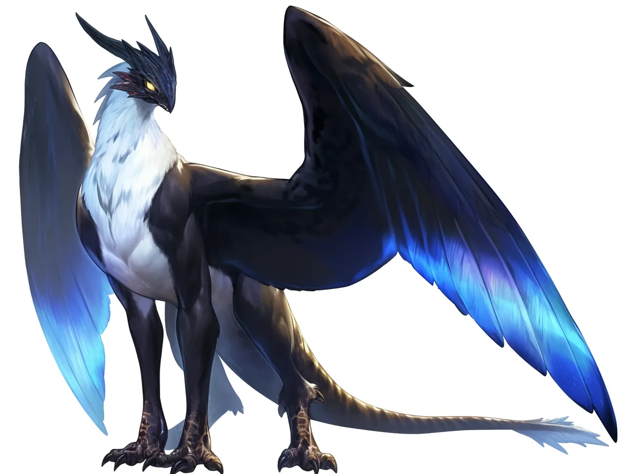 コカトリスの蒼羽を纏う幻鳥|漆黒と白の対比が美しい体に青く輝く翼が加わり、神秘的な印象を強調する。冷徹な瞳としなやかな体が調和し、コカトリスの幻想的な存在感を際立たせている。