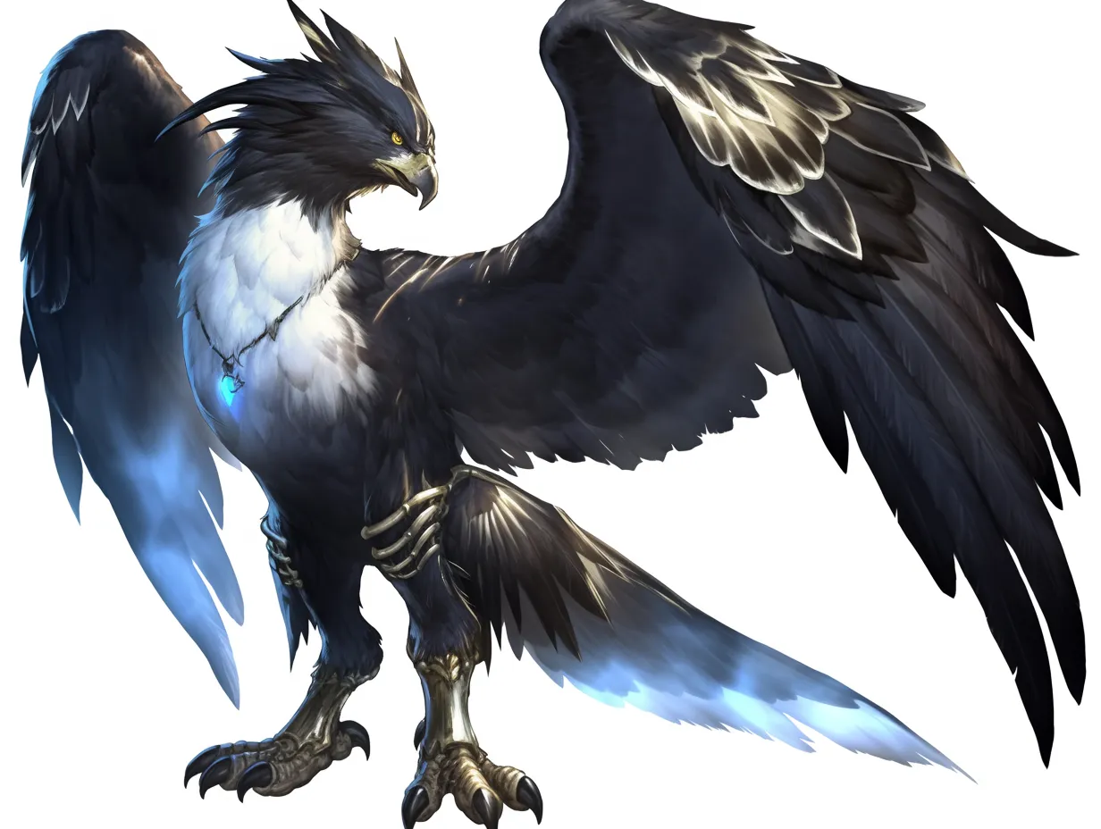 フレースヴェルグの蒼光を宿す翼王｜白と黒の対比に宝玉の輝きが加わり、神秘的な存在感を放つ。広げた翼の大きさが荘厳さを示し、フレースヴェルグの神話的支配力を際立たせている。