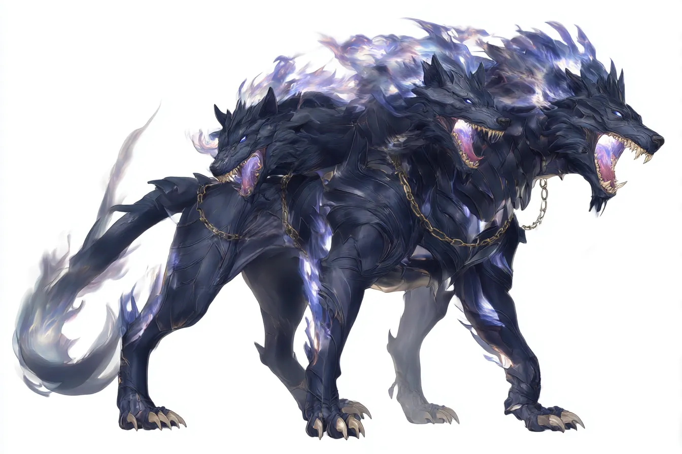 ケルベロスの影炎に吠える魔獣|黒き体躯と紫炎が絡み合い、異様な迫力を放つ。鎖に縛られながらも暴威を示す姿は、ケルベロスの制御不能な力を象徴している。