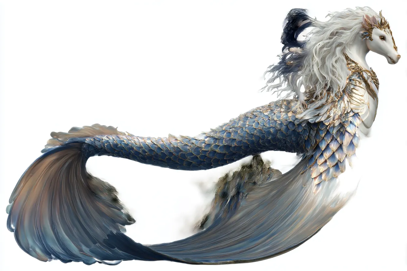 神秘の海馬ヒッポカンポス|流麗な鱗と白銀のたてがみを持つヒッポカンポスは、幻想的な海の精霊を思わせる造形。尾の柔らかな広がりが水の流動性を見事に表現している。