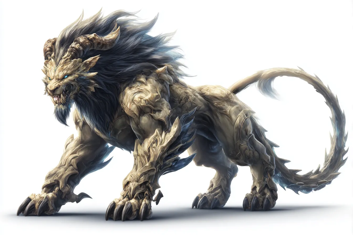岩肌の猛獣マンティコア｜岩のように硬質化した体表を持つマンティコアは、大地の力を象徴する造形。鋭い牙と爪、荒々しい鬣が破壊と恐怖の権化としての存在感を放っている。