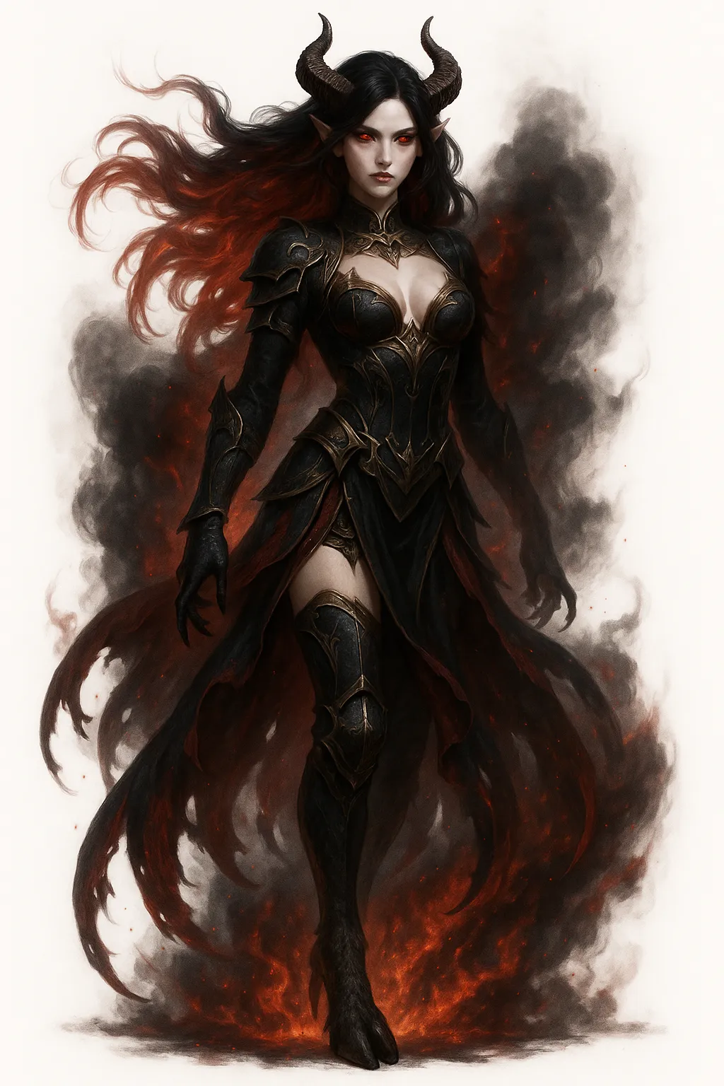 黒炎を纏うエンプーサ｜漆黒の鎧と燃え上がる炎を従えるエンプーサは、魔性の支配者としての威容を示す。美と死の狭間で揺らぐ造形が神秘的な恐怖を放っている。