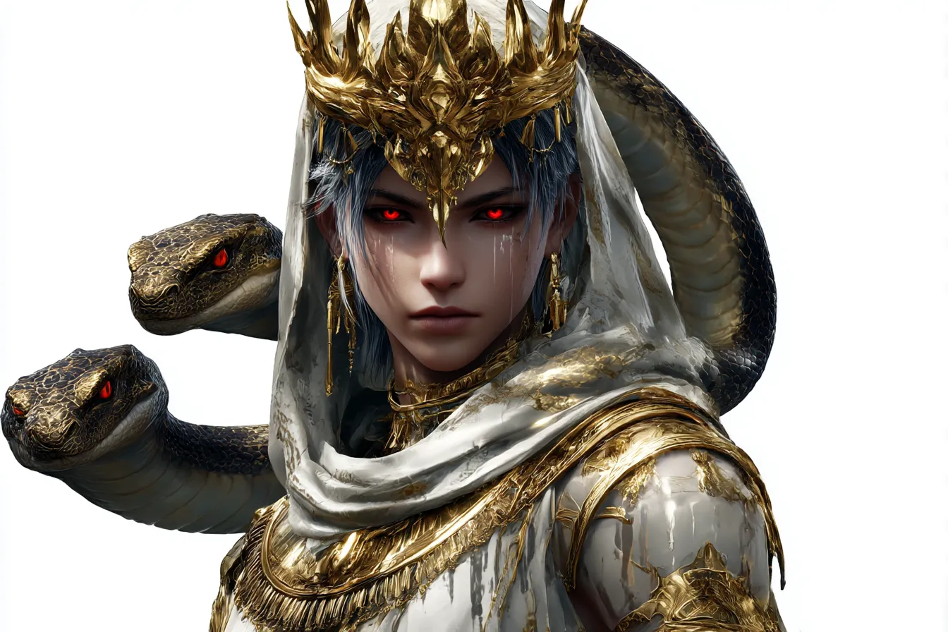 黄金王冠を戴くザッハーク｜金色の冠と装飾を纏ったザッハークは、蛇を背負う姿が覇王の威を示す。紅い眼光と冷徹な表情が、破滅を導く伝説的存在感を放っている。