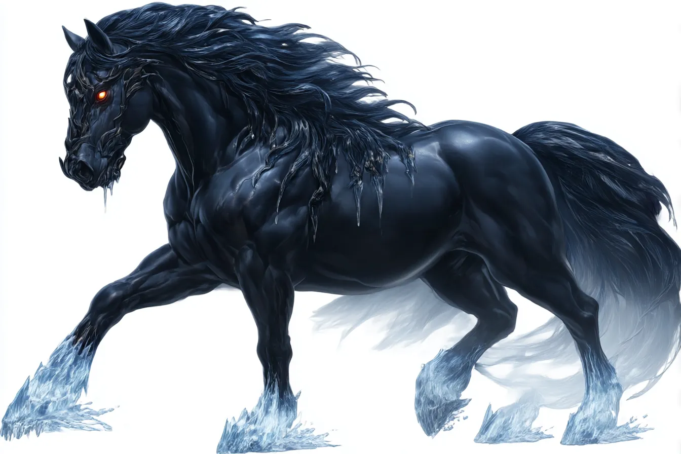 氷の鬣を纏うケルピー｜黒き馬体に氷の結晶を宿すケルピーは、冷気を纏いながら迫る恐怖の化身。赤い瞳と凍てつく蹄が水辺の怪異としての存在感を強めている。