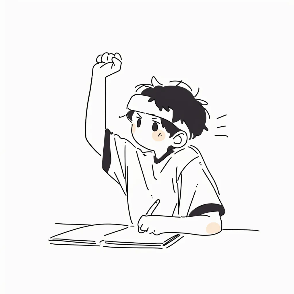 鉢巻男子のガッツポーズ勉強頑張る｜柔らかい線とシンプルなデザインが特徴のイラスト。ノートを前にした少年が力強く拳を上げ、やる気を全開にしている様子が描かれ、勉強頑張る気持ちがダイレクトに伝わる構図。