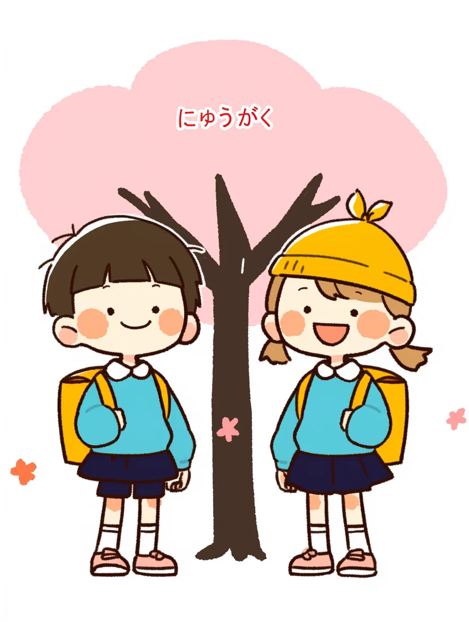 おしゃれな入学の桜の前で｜ランドセルを背負い、満開の桜の前で並ぶ子どもたち。イラストの柔らかなタッチと温かみのある色使いが、おしゃれな入学の門出の特別感を際立たせる。