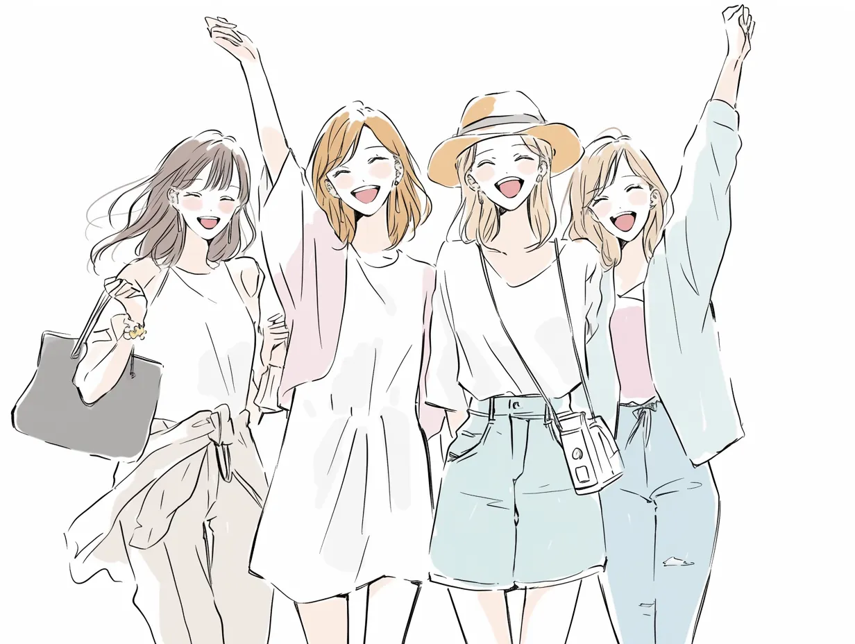 夏のカジュアルガールズ おしゃれ仲間｜軽やかな線画と淡いトーンの色使いが爽やかさを引き立てるイラスト。夏のカジュアルな装いの女性たちが弾ける笑顔を見せる様子が描かれ、おしゃれ仲間の開放的な魅力が表現されている。