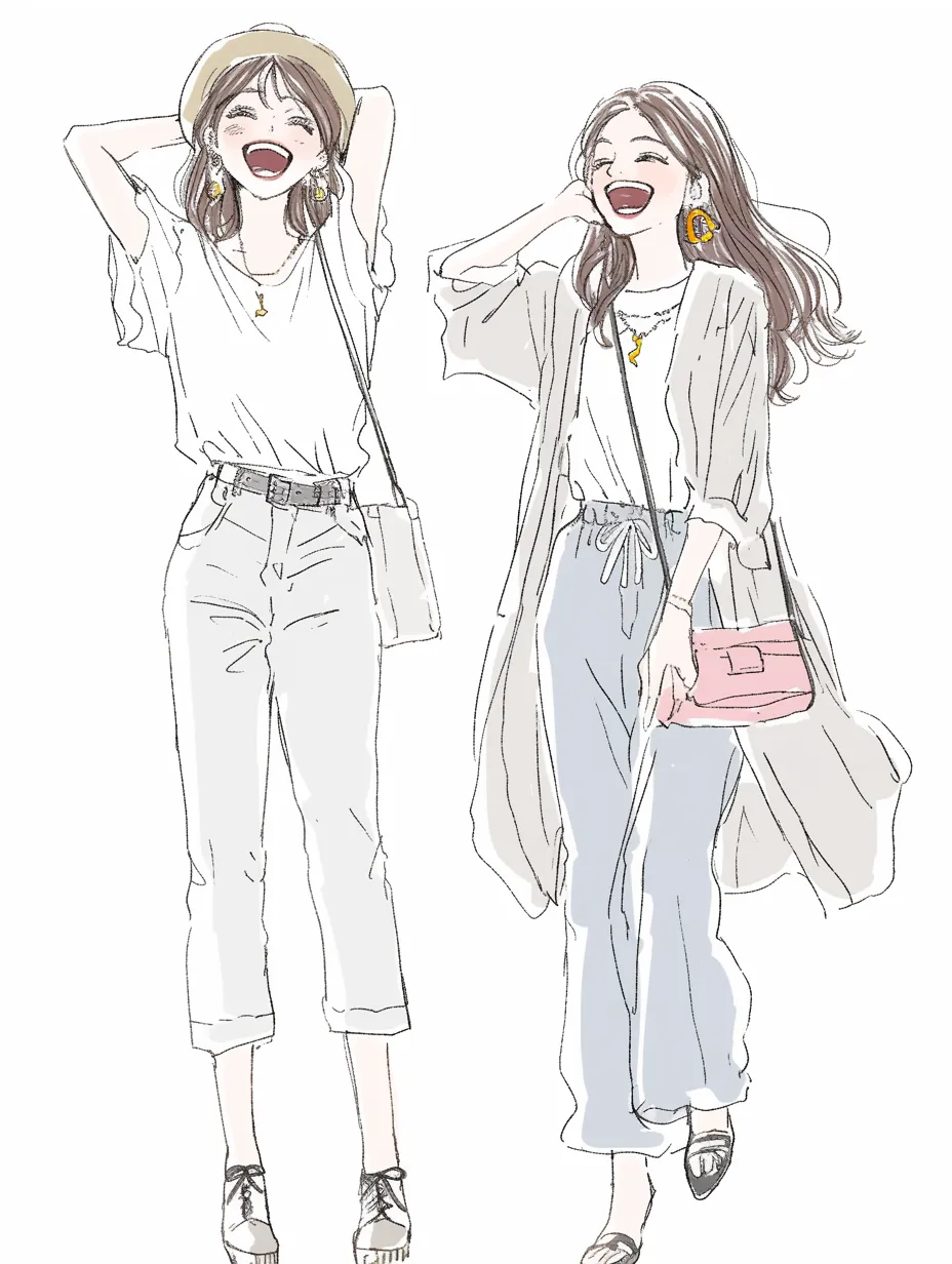 おしゃれ仲良しリラックスコーデの二人｜ナチュラルな配色と軽やかな線で描かれた、リラックスした装いの女性たち。シンプルながらも洗練されたデザインが、心地よい雰囲気を演出。無邪気な笑顔が、おしゃれ仲良しな魅力を際立たせる。