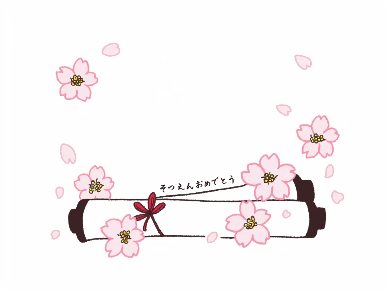 おしゃれな卒園証書と桜の飾り｜卒園証書が桜の花々に包まれた、上品で美しいデザインのイラスト。落ち着いた色合いと洗練された線画が特徴で、卒園の記念を華やかに演出するおしゃれな仕上がり。