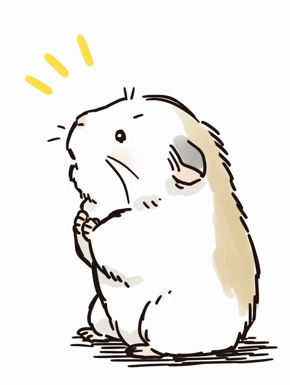 おしゃれハムスターのひらめきポーズ｜温かみのある手描き風の線で、ひらめいたような表情のハムスターを表現。シンプルながらもおしゃれハムスターの愛らしい仕草が際立つ仕上がり。