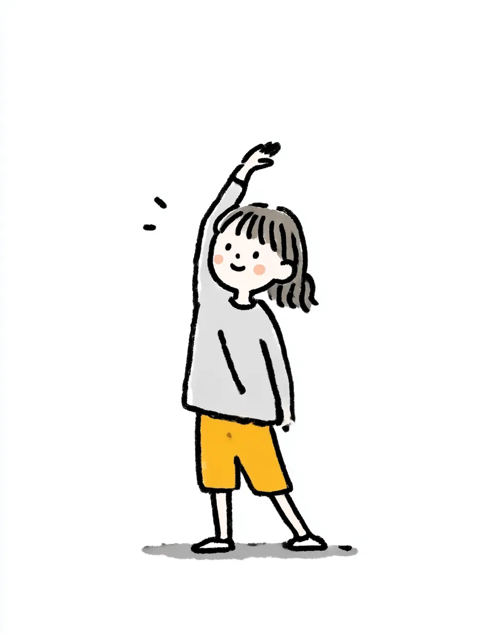 おしゃれ手書きの子ども体操｜小学生風の女の子がのびのびと体操する様子を、おしゃれ手書きの親しみやすいタッチで描写。自然体な線と落ち着いた色合いが、元気で素直な印象を与えます。