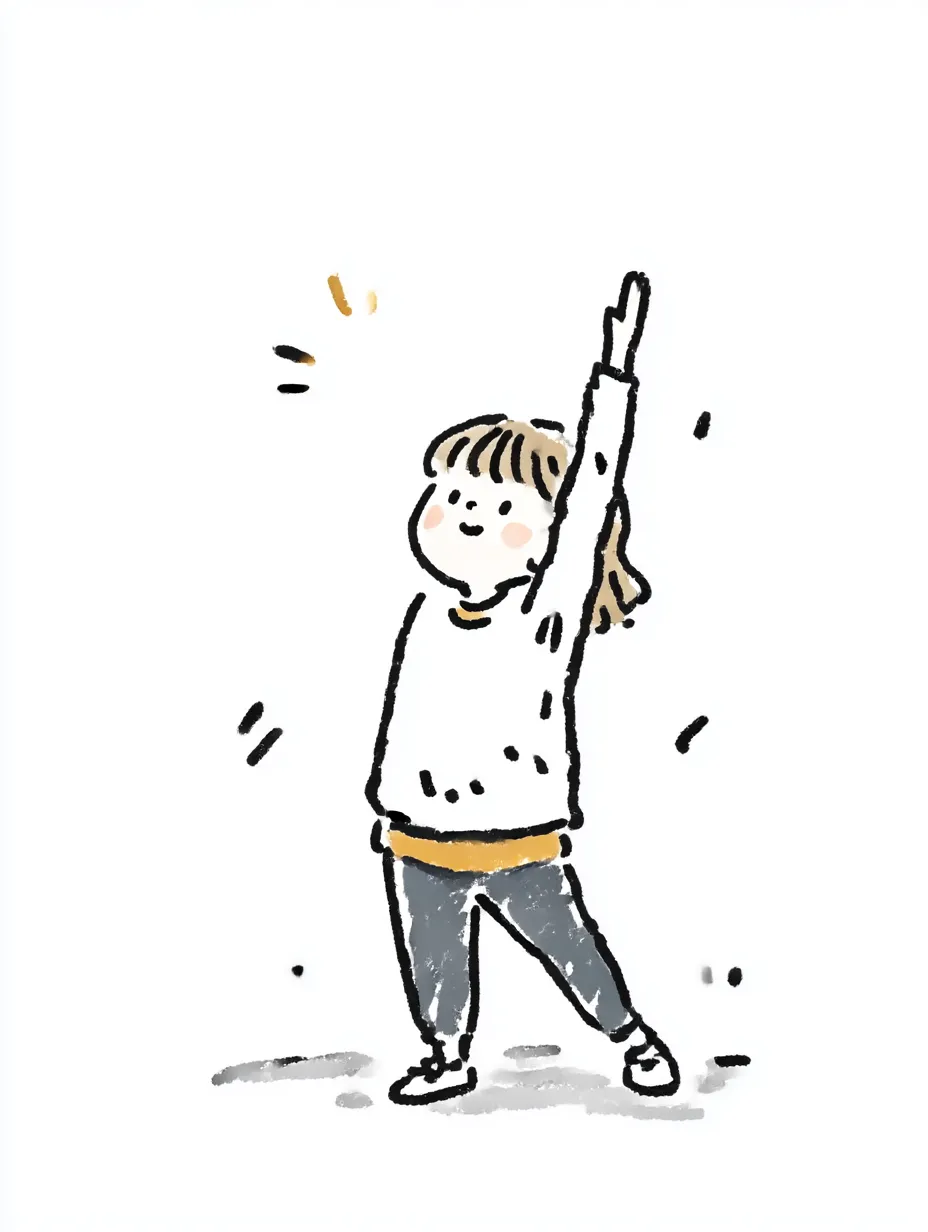 おしゃれ手書きの体操こども｜片腕を高く上げたポーズが元気な印象を与えるイラスト。おしゃれ手書きのスタイルで、太めの線とあたたかい色づかいが特徴です。さりげない動きにやさしいリズムが漂います。