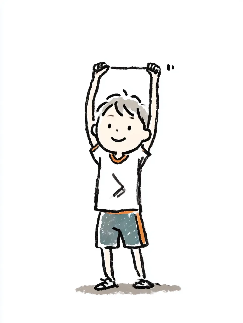 おしゃれ手書きの体操こども｜両腕を頭上に上げている姿が、素直で前向きな印象。おしゃれ手書きのタッチが、子どもの軽やかさや健康的な雰囲気をやさしく引き立てています。