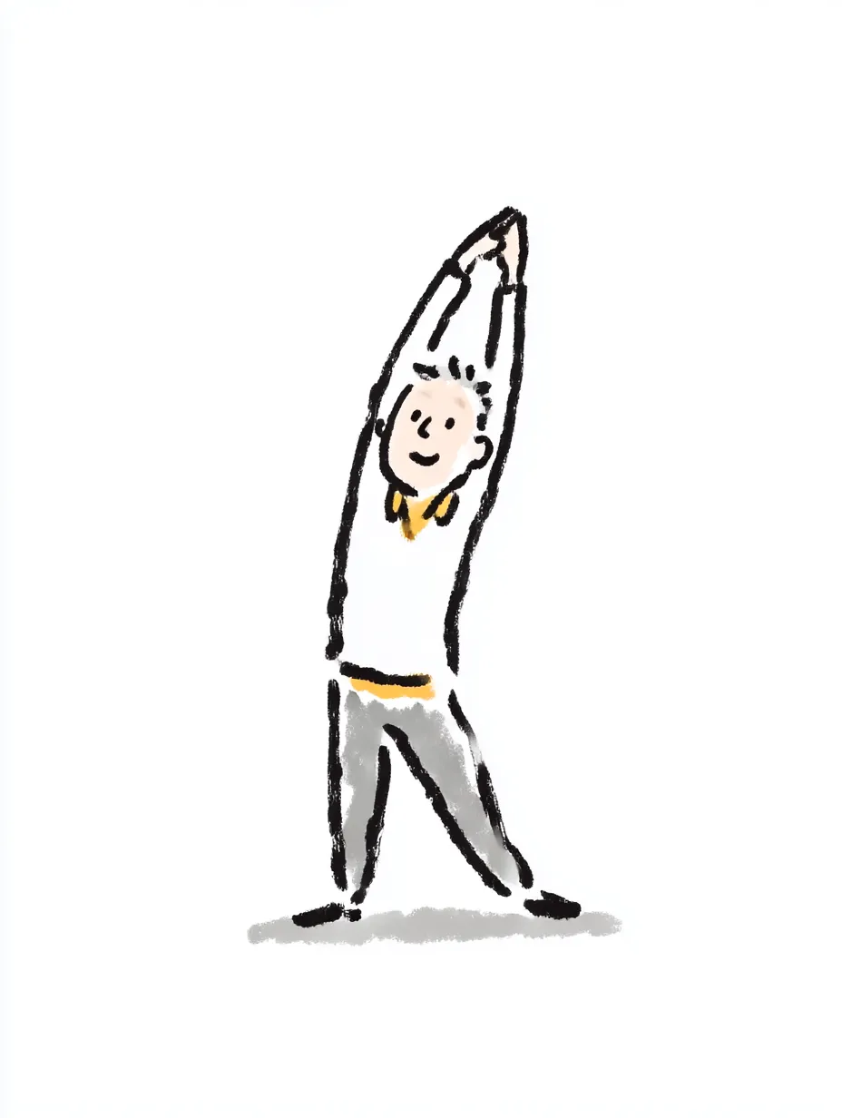 おしゃれ手書きの体操高齢者｜両腕を伸ばした柔軟体操を描いた1枚。おしゃれ手書きの風合いが、動きのスムーズさや穏やかな気持ちを自然に感じさせるイラストです。