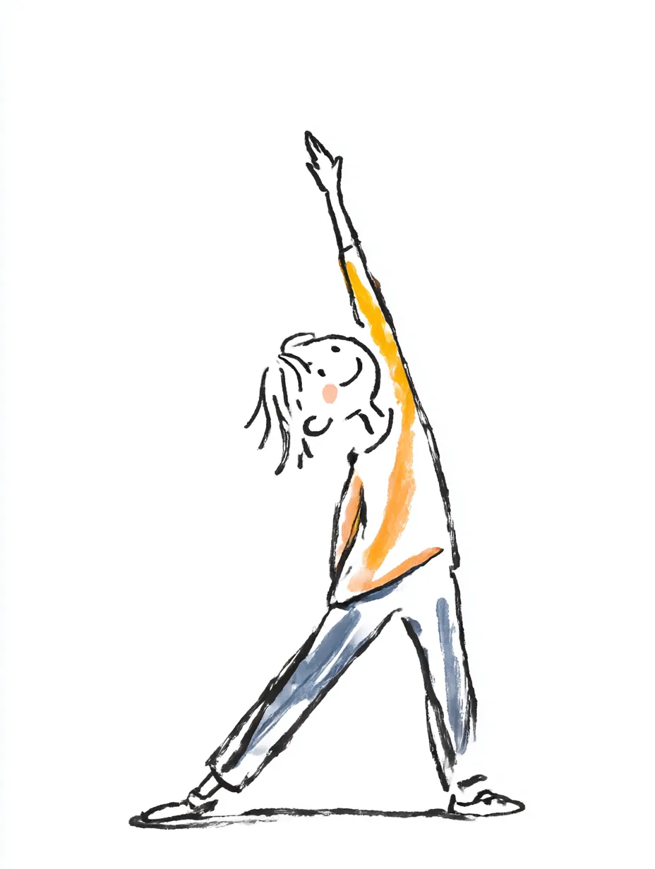おしゃれ手書きのストレッチ｜腕を大きく伸ばした動きの中に軽やかさがある構図。おしゃれ手書きのタッチが、爽やかでリズミカルな運動感をやさしく伝えてくれます。