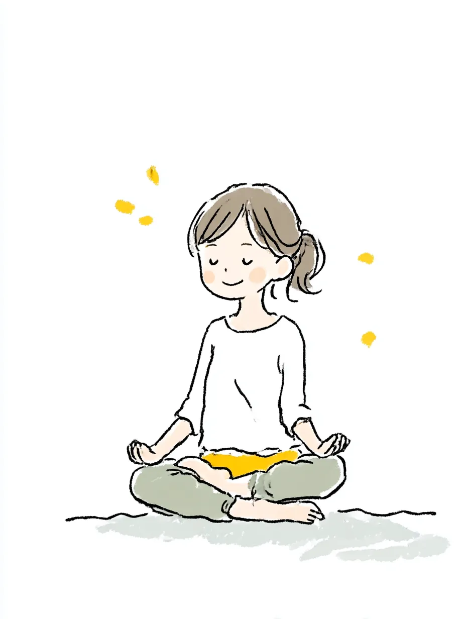 おしゃれ手書きのヨガ｜あぐらで座って瞑想する静かな時間を切り取った構図。おしゃれ手書きの線とやわらかな彩色が、落ち着いた空気感をやさしく演出しています。