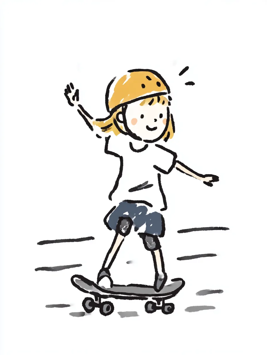 おしゃれ手書きのスケボー｜安全ヘルメットをかぶり、元気に滑る少女の姿がかわいらしい構図。おしゃれ手書きのやさしい色づかいで、安心感と楽しさが伝わります。