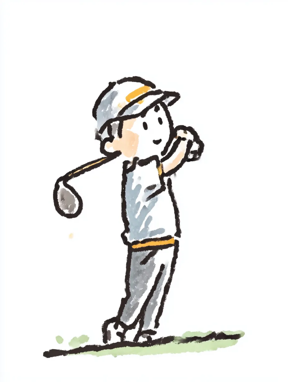 おしゃれ手書きのゴルフ｜ゴルフクラブを構えて振り抜いた男の子の姿を描写。おしゃれ手書きのタッチで、力強さとスポーツの楽しさがやさしく伝わってきます。