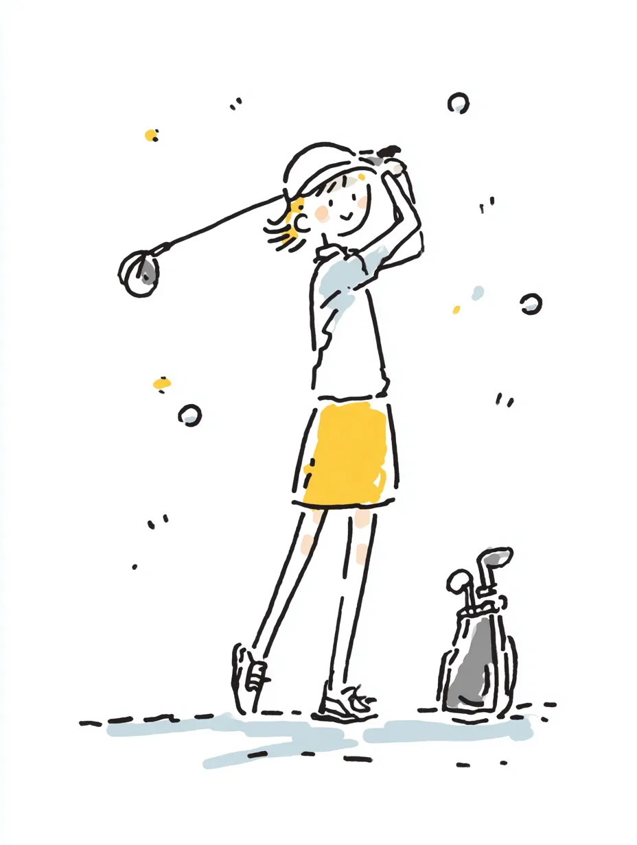 おしゃれ手書きのゴルフ｜スカート姿の女性ゴルファーが颯爽とスイングする様子。おしゃれ手書きのゆるい線と小物の描き込みが、軽やかな開放感を表現しています。
