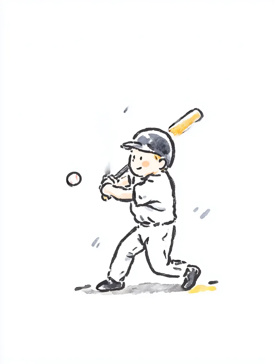 おしゃれ手書きの野球少年｜バットを構える瞬間を描いたおしゃれ手書きの野球少年。手描きのタッチと動きのある構図が、元気な気配をさりげなく伝えてくれます。